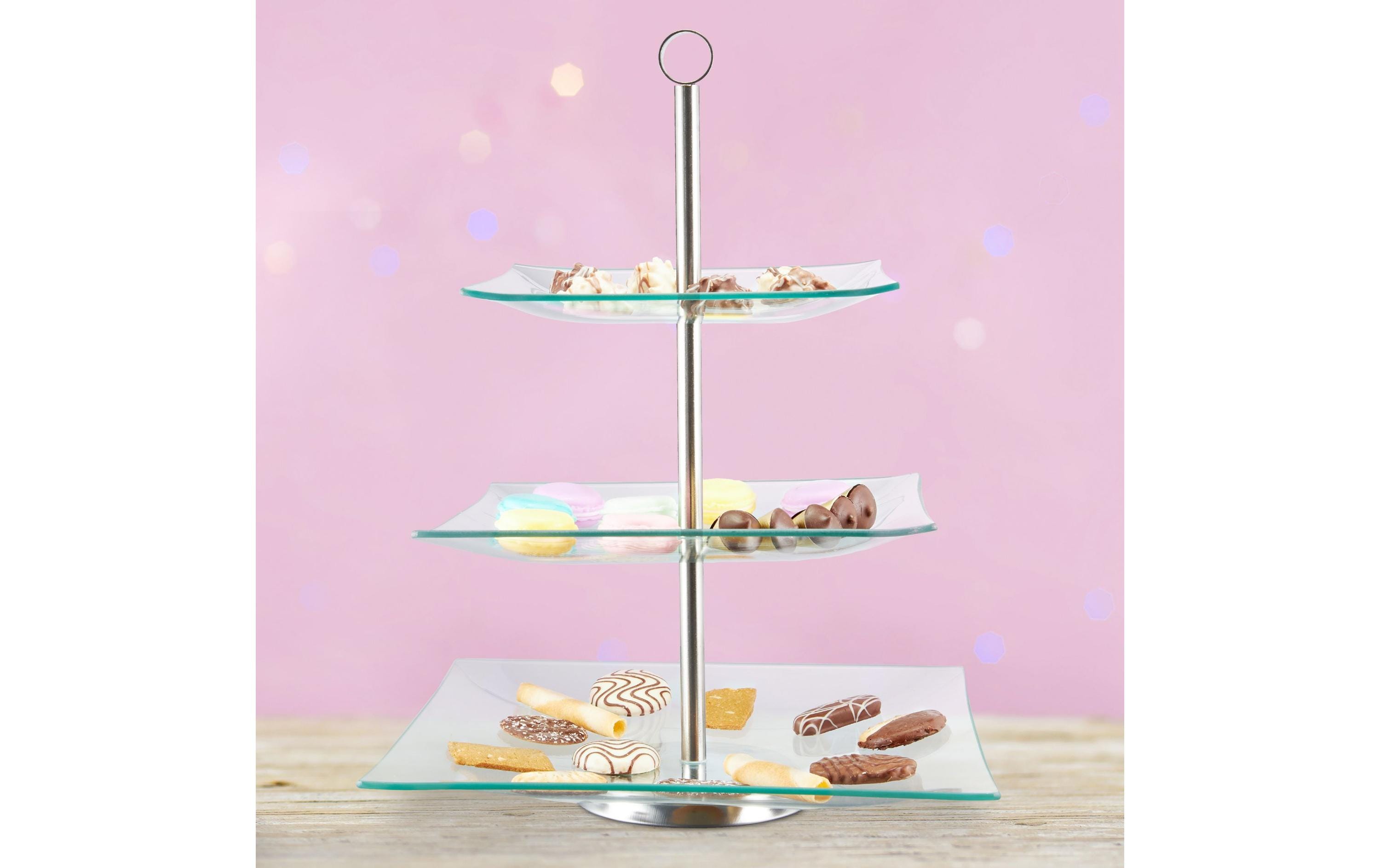 Etagere eckig, 3-stufig, Silber/TransparentServierständer aus Glas und Edelstahl