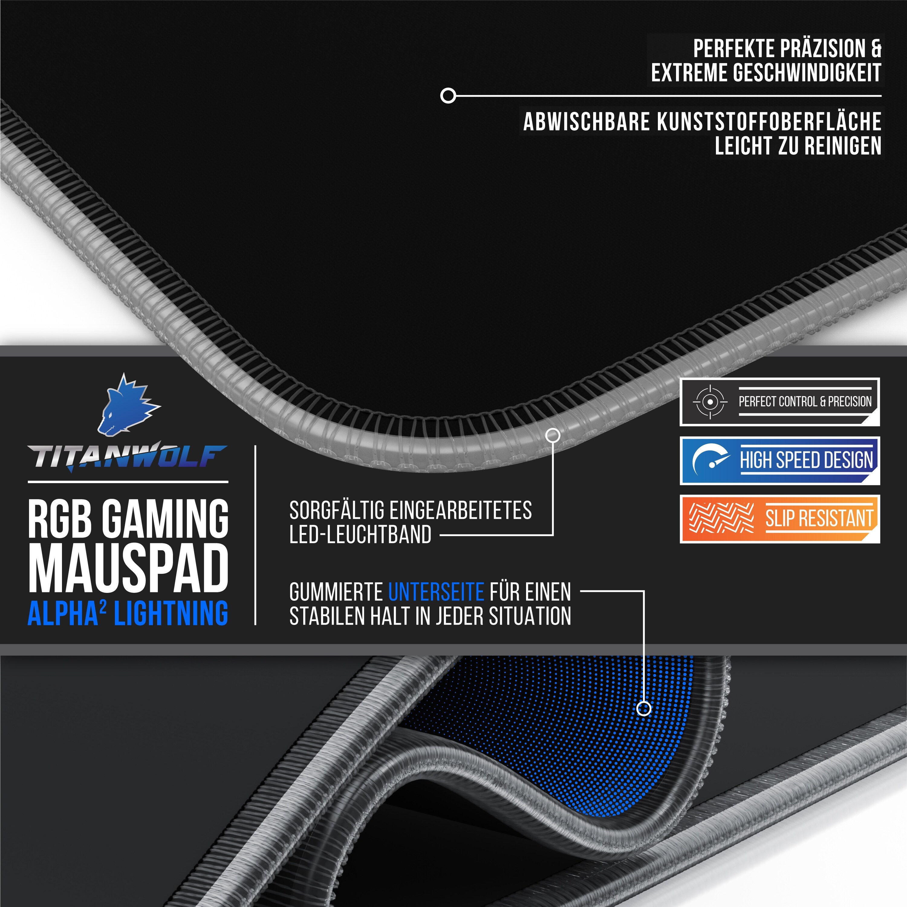 Titanwolf RGB Gaming Mauspad, Mousepad XL 800 x 300mm, verbessert Präzision & Geschwindigkeit, schwarz