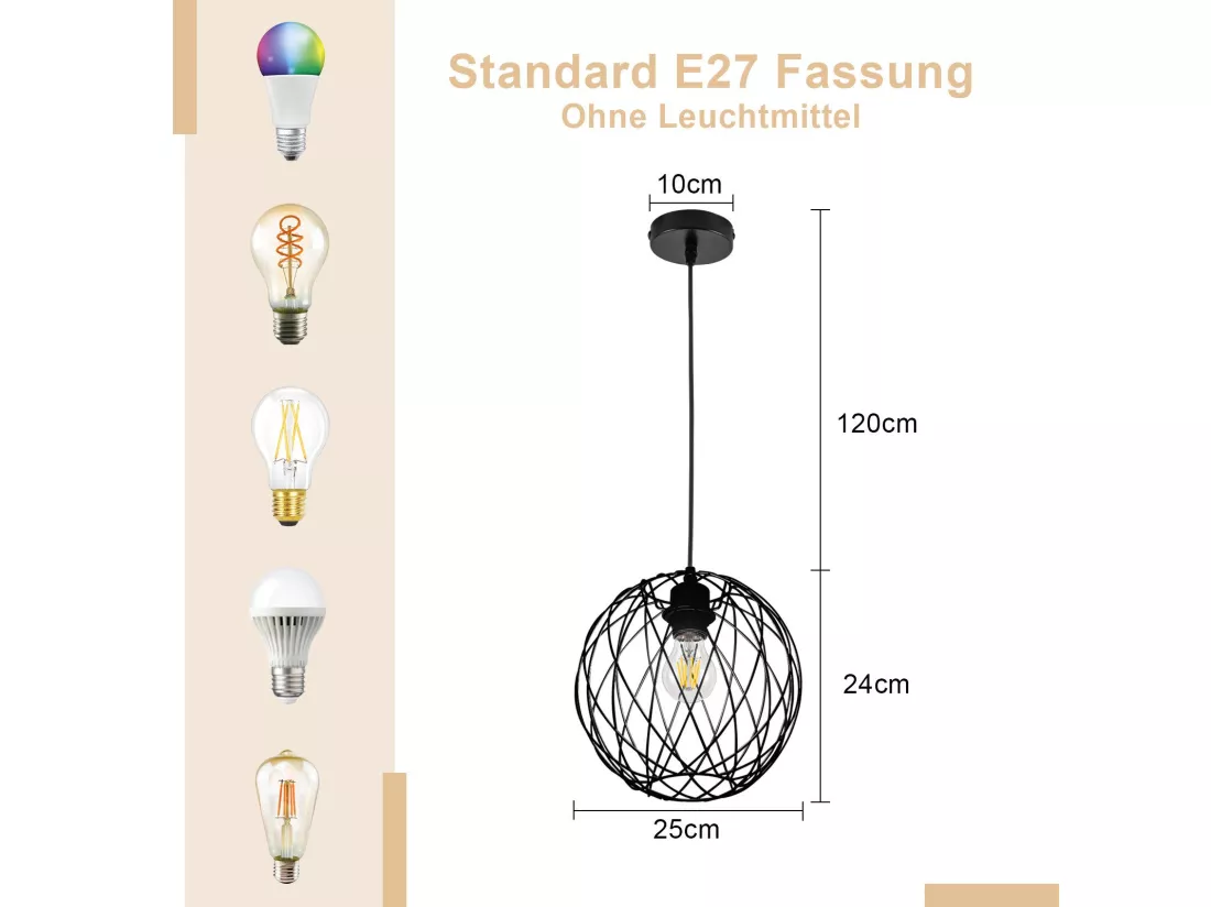 NETTLIFE Lampe suspendue noire ronde - Lampe suspendue vintage E27 Lampe suspendue rétro industrielle lampe de table