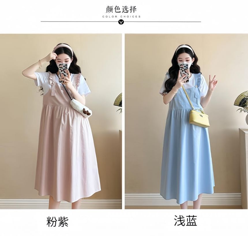 Levsayte - Maternity Plain Ruffle Midi Pinafore Dress