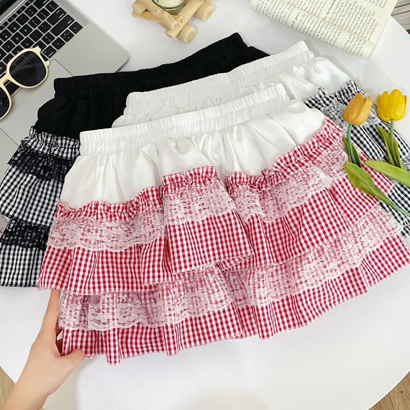Iasia - Mini A-lijn rok met elastische taille en ruitjeskant