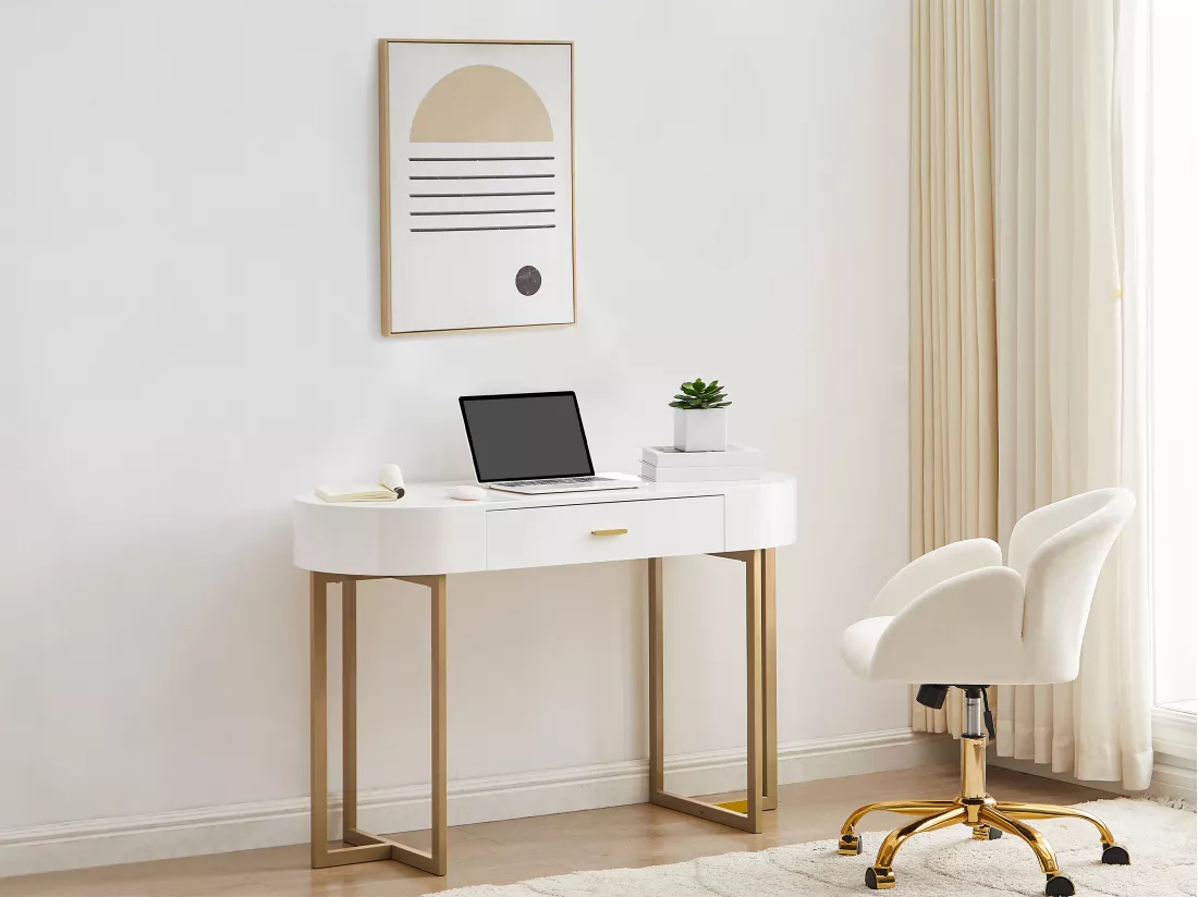 Bureau console avec 1 tiroir - MDF laqué et métal - Blanc et doré - TORELI II de Pascal Morabito