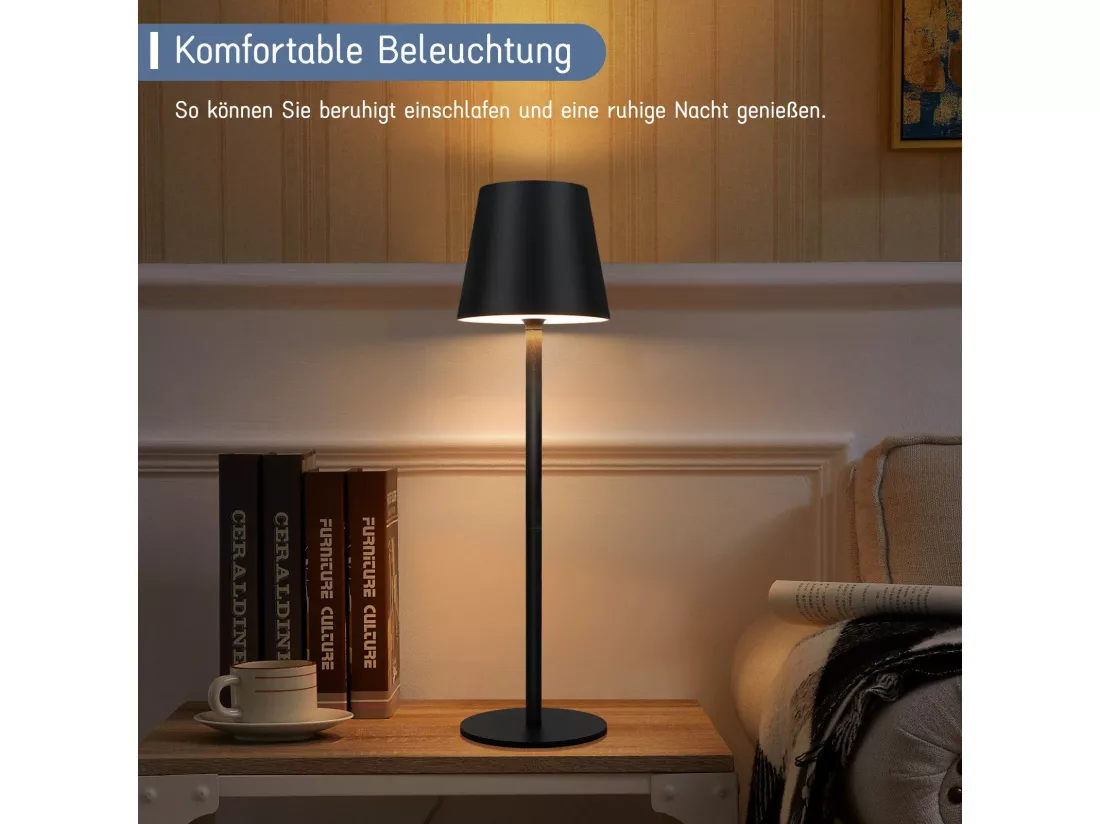 Nettlife Lampe de chevet sans fil, LED 2600mAh, lampe de table extérieur rechargeable, tactile, noire, avec USB