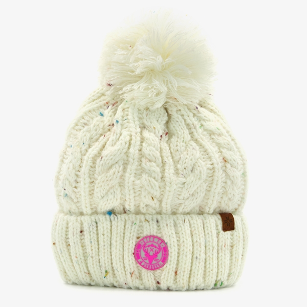 Gebreide meisjes muts met pompon wit