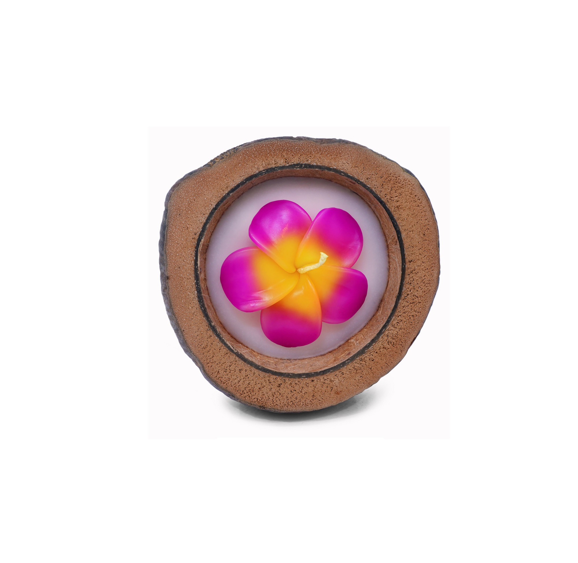 Kokos-Duftkerze 'Frangipani', natur, pink-gelbe Blüte, Ø 15-17 cm von fischer's lagerhaus