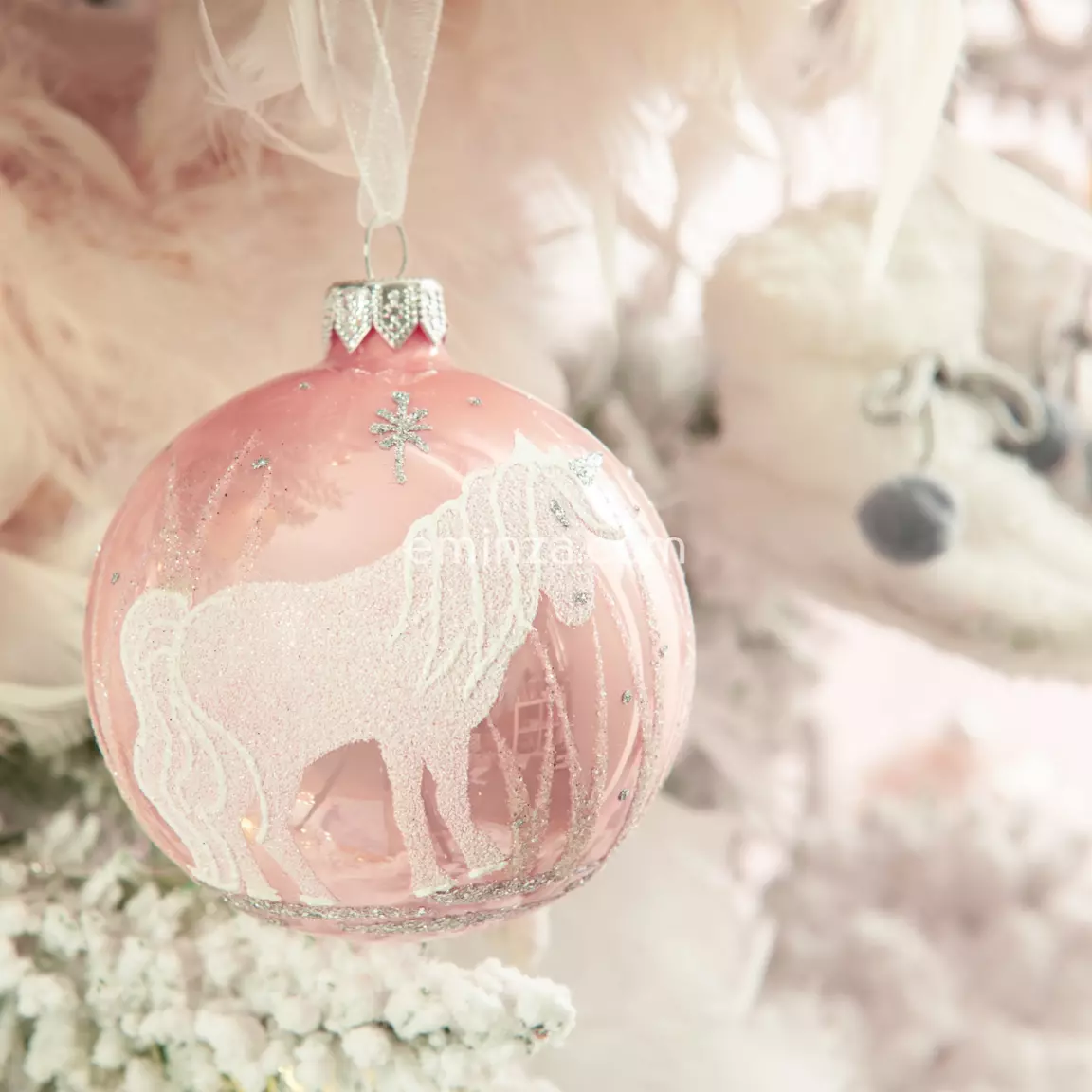 Lot de 6 boules de Noël en verre Licorne Rose poudré