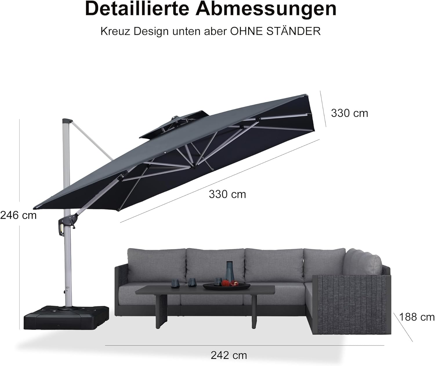 PURPLE LEAF Sonnenschirm Balkon 330 x 330 cm Ampelschirm Drehbar Marktschirm Groß 360° Rotation, Gartenschirm mit Kurbel, XXL Sonnenschutz UV50+, Grau