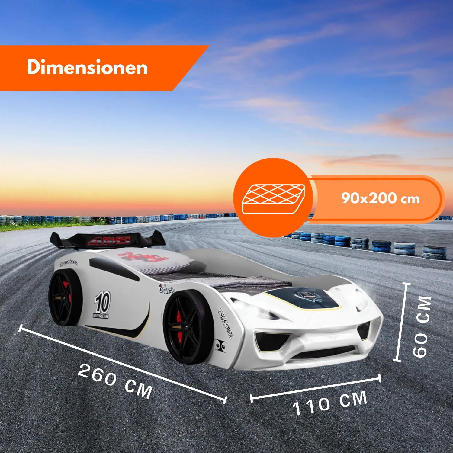 TRAUMMÖBEL Autobett TURBO V2 Weiß Kinderbett im Rennwagen-Design mit Lattenrost