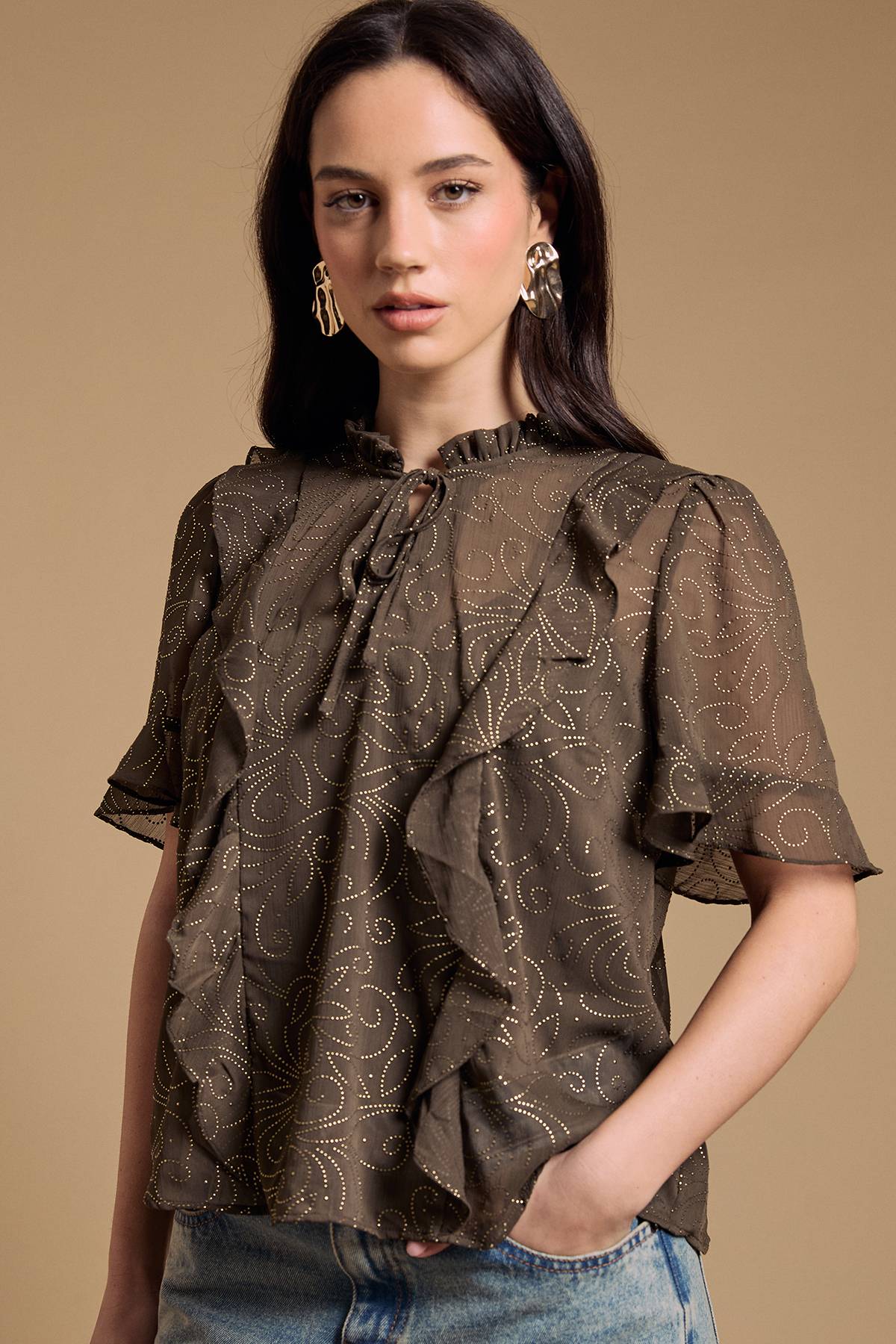 Oasis Blouse Babydoll À Volants Avec Col Noué