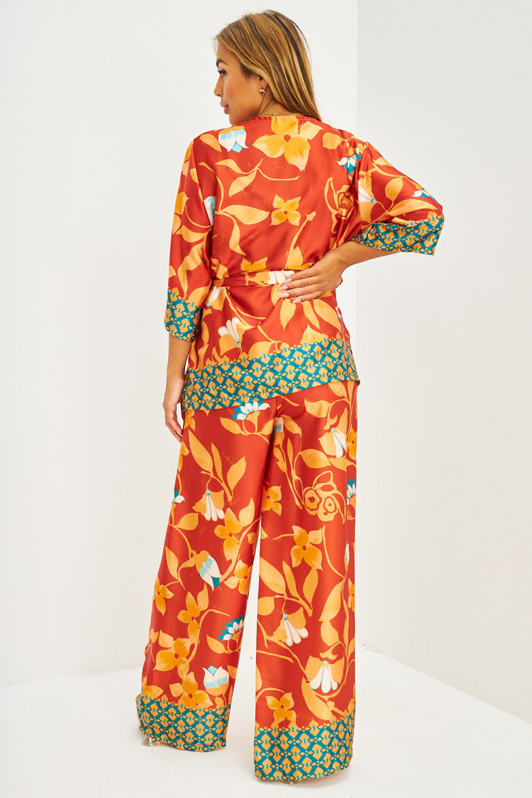 Ensemble satiné 3 pièces top + kimono + pantalon fluide à motifs méditéranéens cuivre et orange