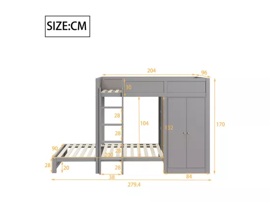 Lit superposé pour enfants 90*200 cm, avec marches de sécurité verticales, armoire, design high fence, gris