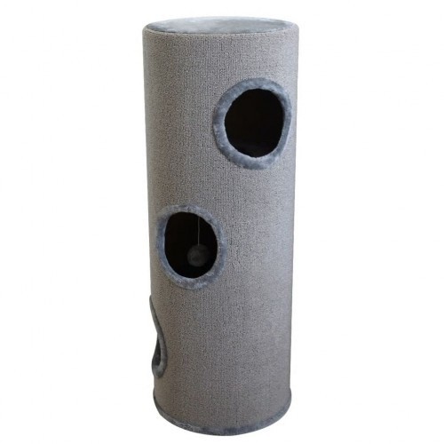 Casinha cinza para gatos com poste para arranhar