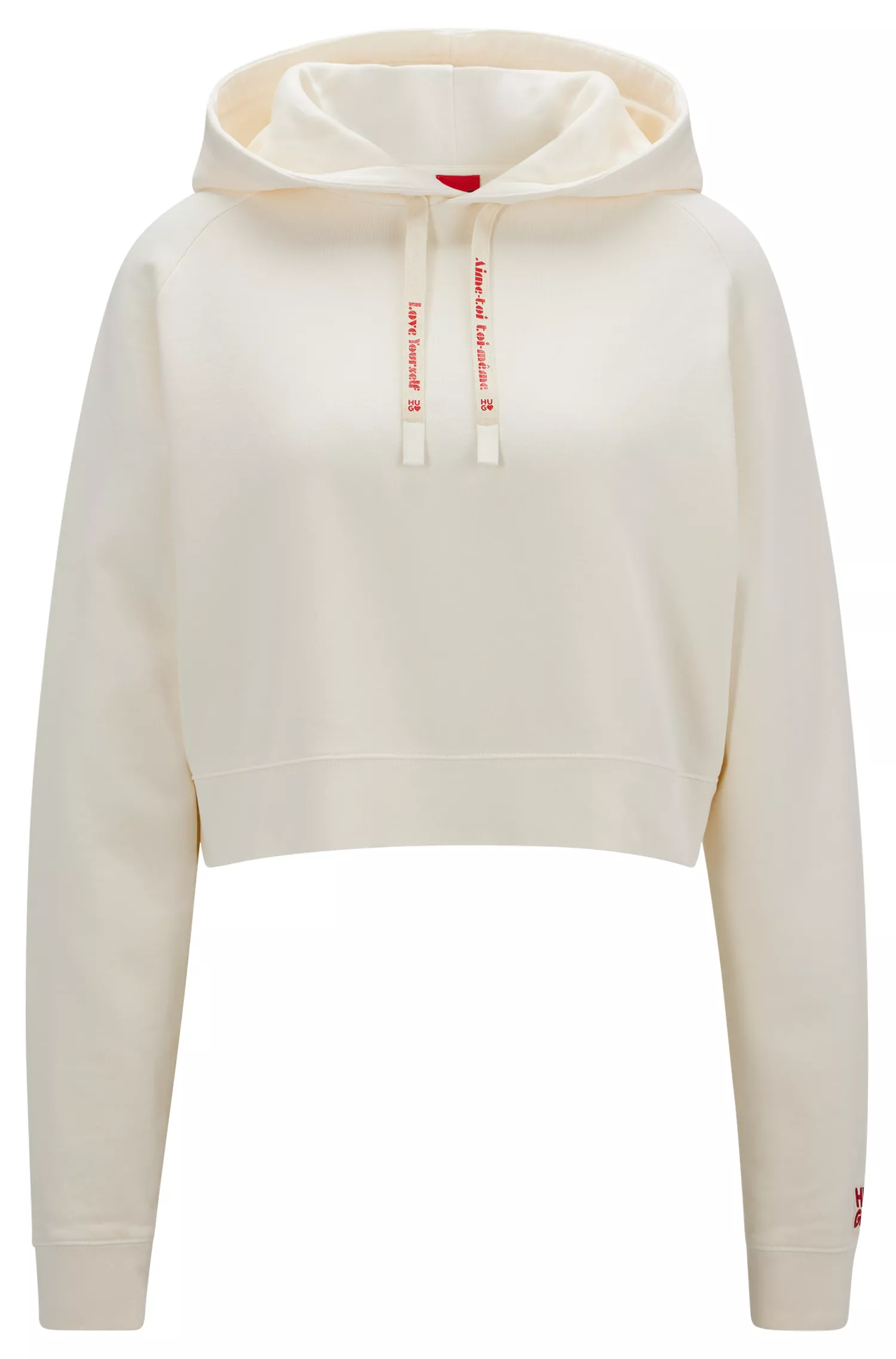 Moletom cropped vermelho HUGO em algodão felpudo com logos temáticos de amor.