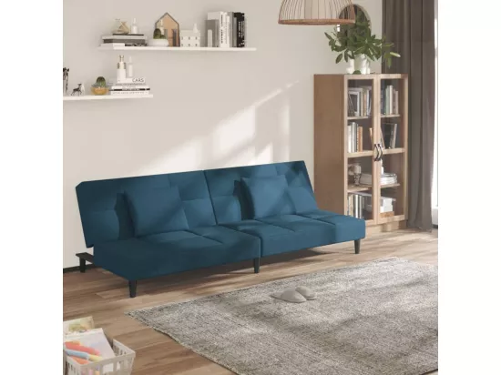 Canapé-lit à 2 places avec deux oreillers bleu velours