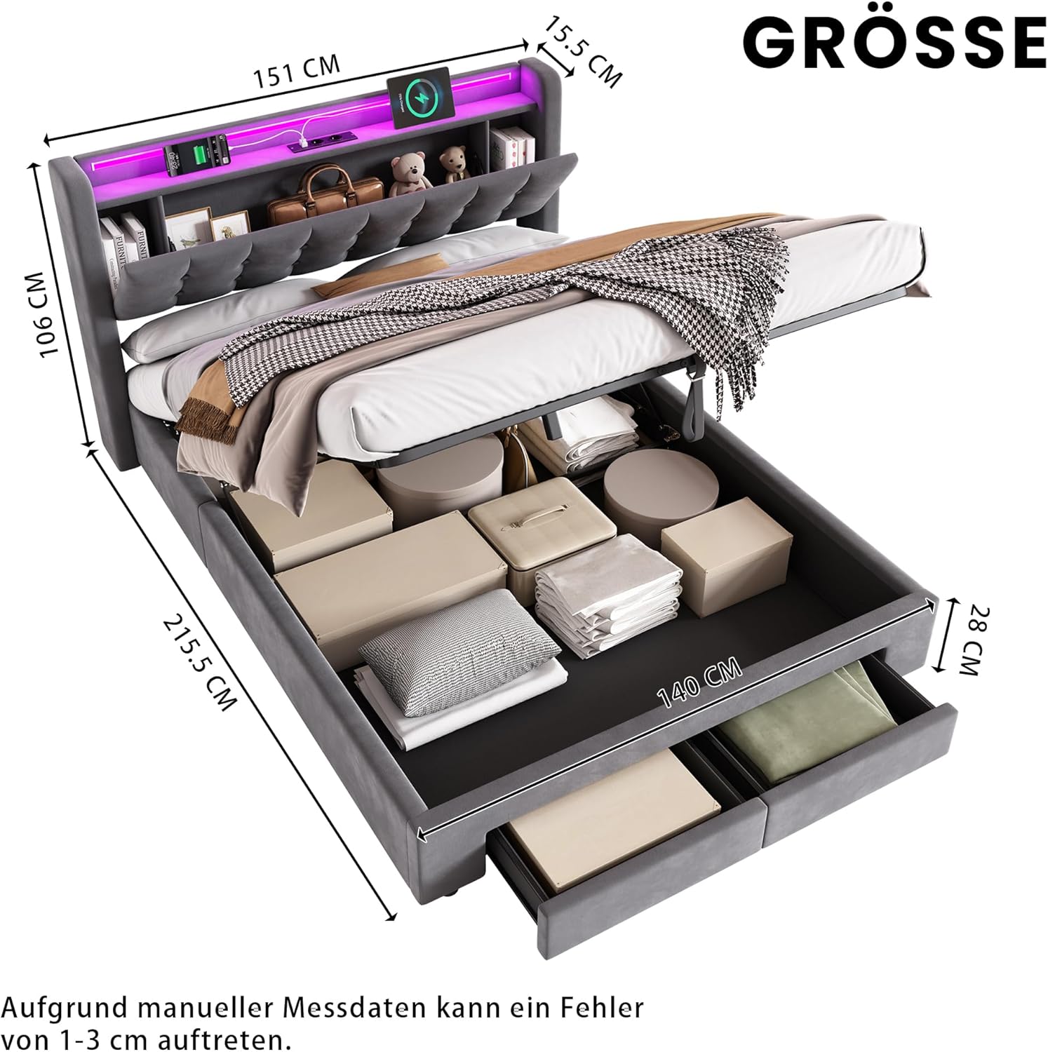 okwish Polsterbett 140x200 cm mit Bettkasten und Schublade, gepolstertes Kopfteil mit LED & USB und Stauraum, Bettgestell mit Lattenrost, Samt Dunkelgrau, als Jugendbett geeignet (ohne Matratze)