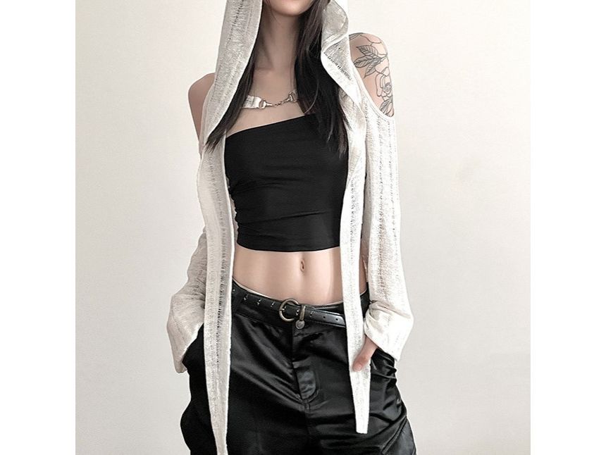 Sugarcoat - Lange mouwen, blote schouders, effen crop top met capuchon