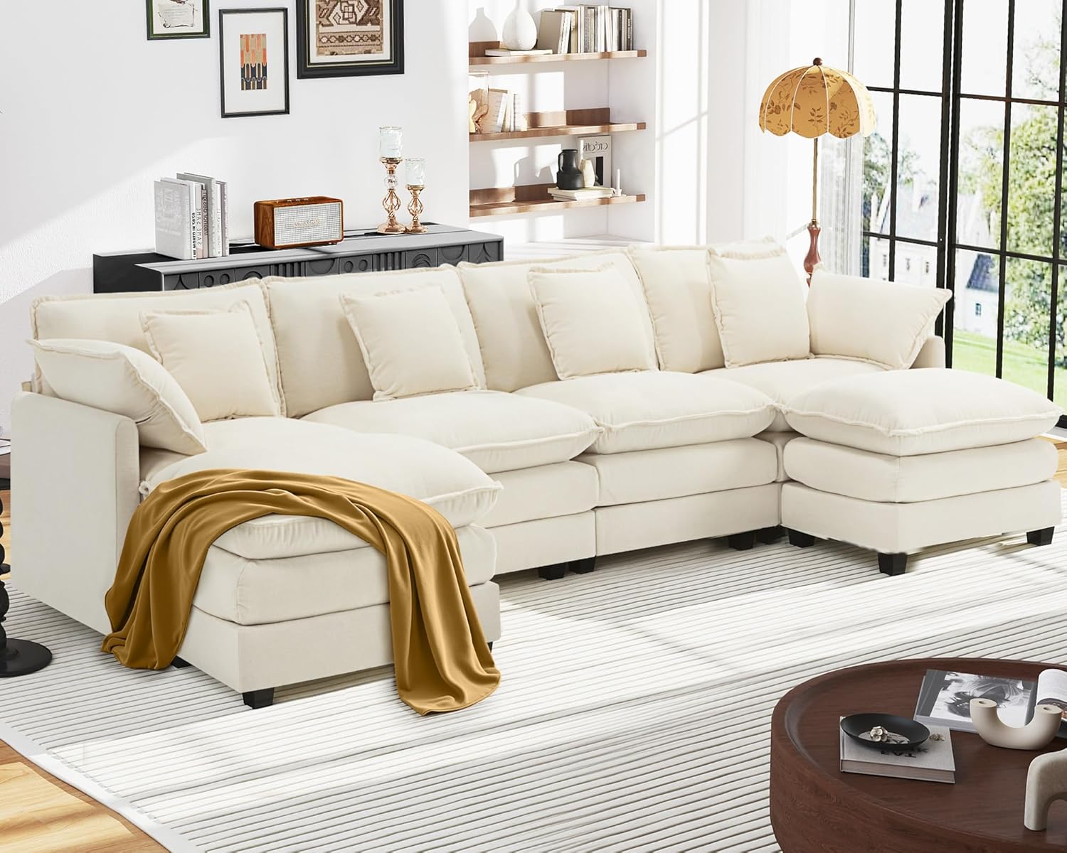 U-Form Cloud Sofa, Modulares Sektionssofa 6-Sitzer mit 2 Ottomanen, Modernes Sofa mit Dekokissen/Armlehnen, Atmungsaktivem Chenille-Stoff, U Sofa Couch für Wohnzimmer, Beige