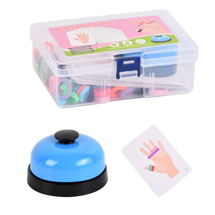 (114-tlg. Set) Kinder Finger Ring Spiel Haargummi Geschiklichkeits Lern Spielzeug inkl. Glocke / Aktionskarten / Aufbewahrungs Box