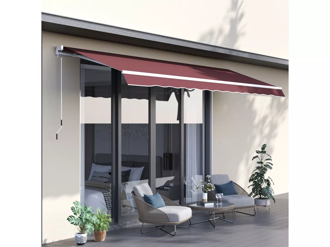 Store banne manuel rétractable aluminium polyester imperméabilisé 3,5L x 2,5l m bordeaux