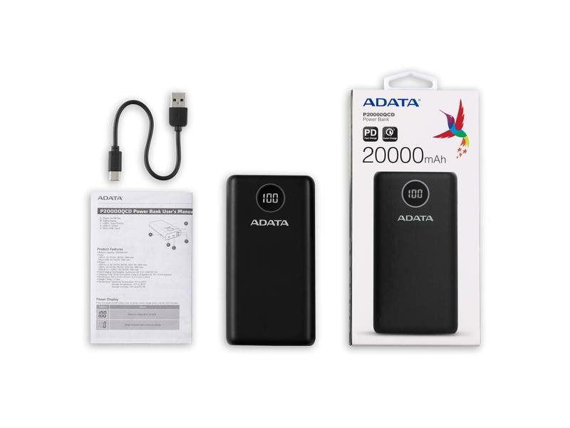 ADATA Powerbank P20000QCD (20000 mAh, USB-A, USB-C, Display Powerbank mit hoher Kapazität, modernen Schnellladeanschlüssen und Digital-Display