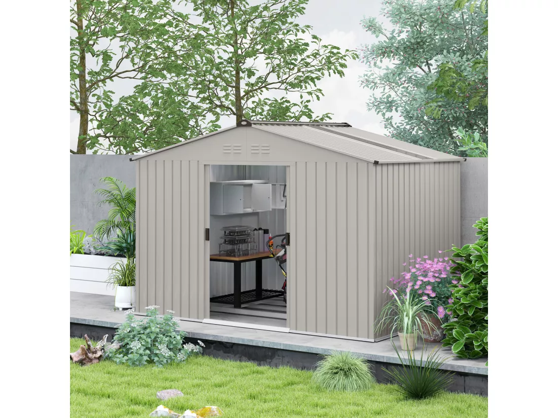 Abri de jardin 5,4 m² - cabanon double porte coulissante - fondation incluse - 277 x 195 x 192 cm - tôle d'acier ondulée gris