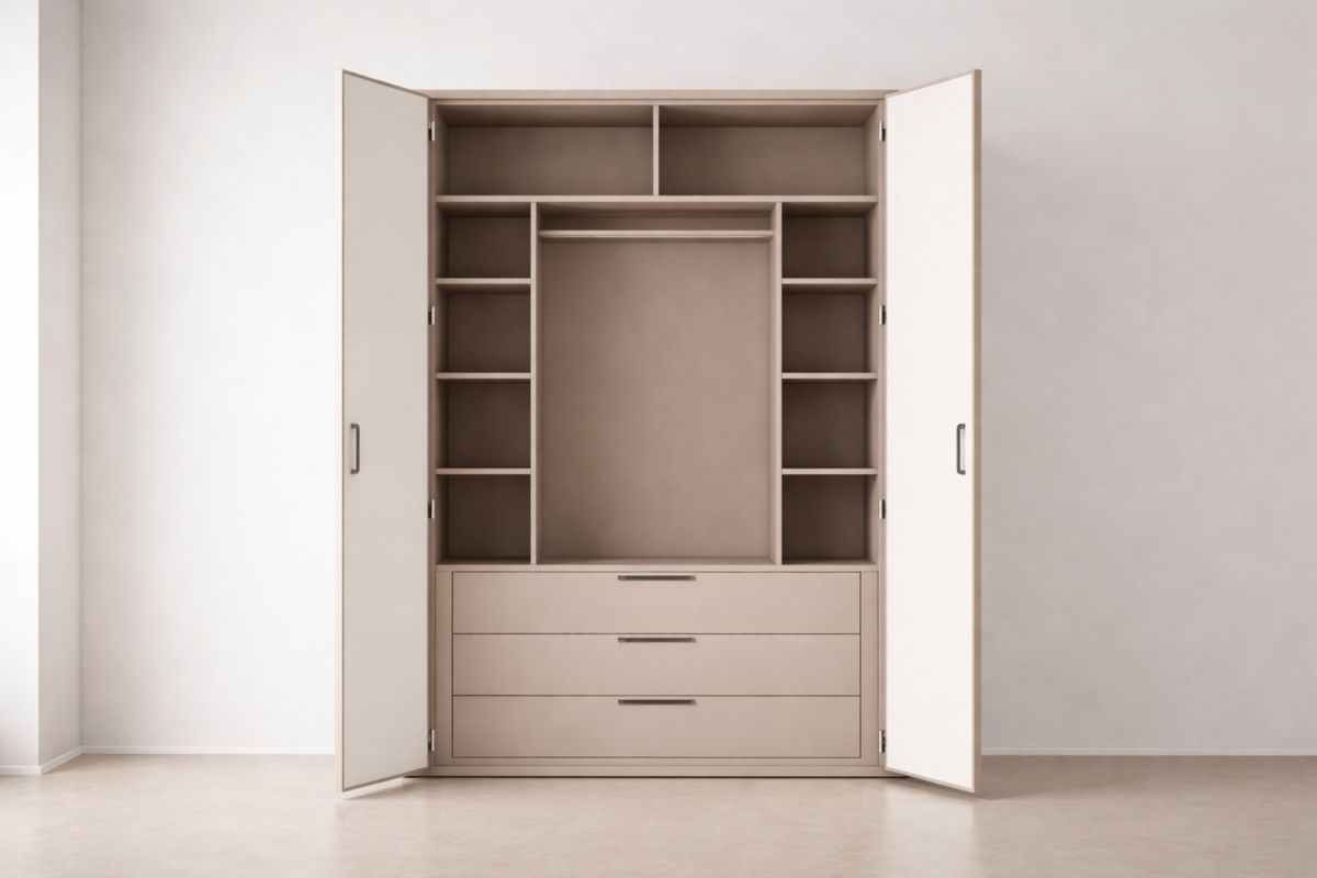 Kleiderschrank MDF- Holz Beige mit Regalböden und Schubladen