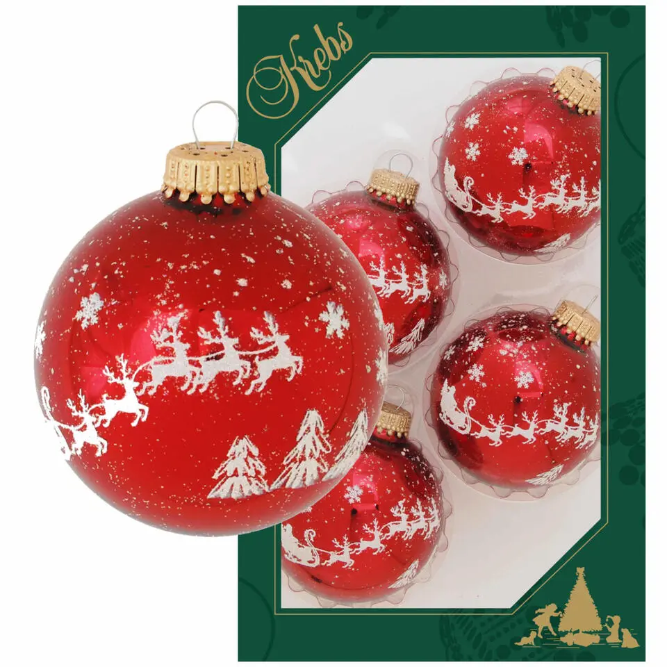 Krebs Kerstballen - 4x stuks - rood - rendieren opdruk - 7 cm