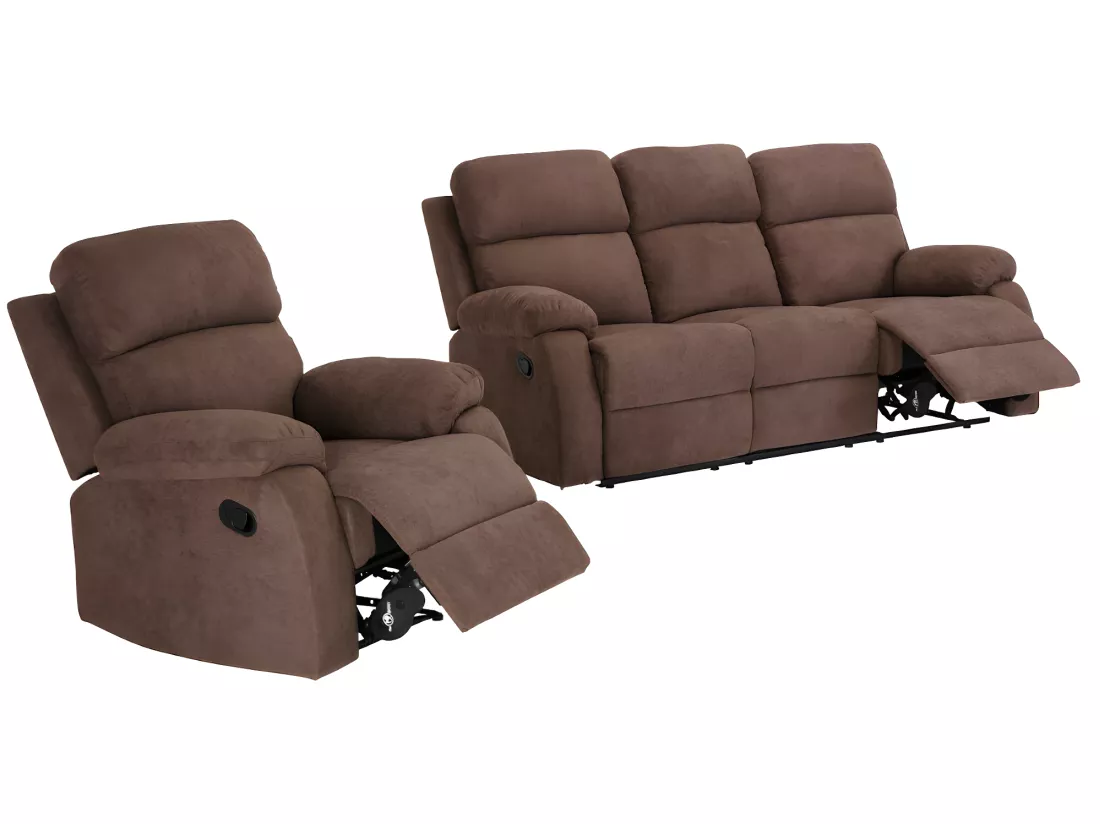 Canapé 3 places et un fauteuil relax en tissu TOLZANO - Marron