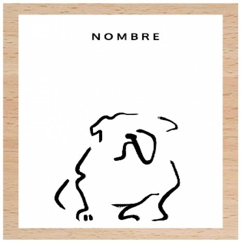 Ilustração de um buldogue com moldura de madeira branca.