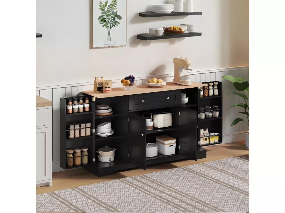 Buffet de cuisine avec 4 portes et 1 tiroir - 138 x 40 x 85 cm - Bois MDF - Tablettes réglables - Noir + naturel
