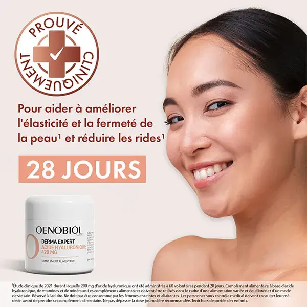 Suplemento alimentar antirrugas com ácido hialurônico Oenobiol Derma Expert, 60 cápsulas.