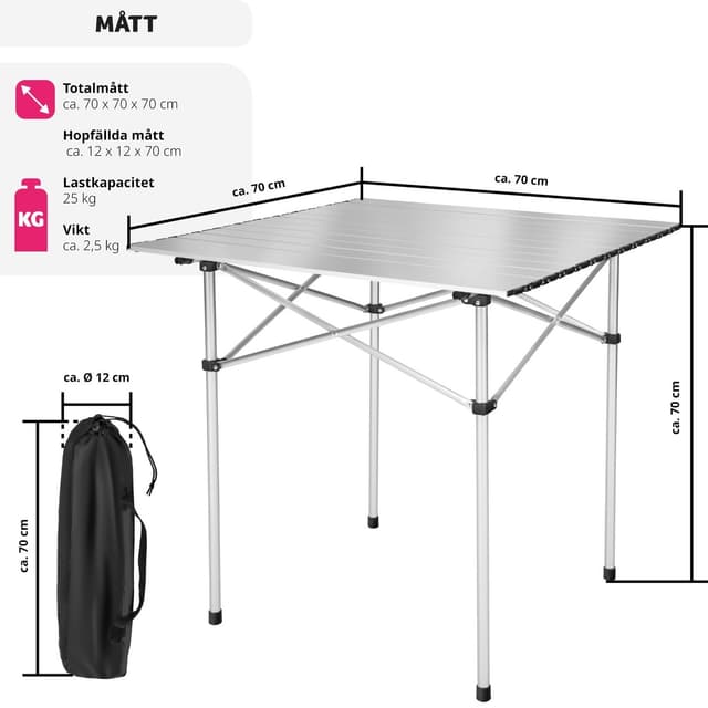 Campingbord, aluminium 70x70x70cm foldbar