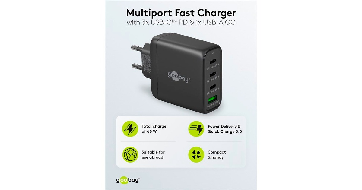 goobayUSB-C PD GaN multipoort snellader (68 W)  (Zwart, 3x USB-C, 1x USB-A, Power Delivery, QuickCharge)