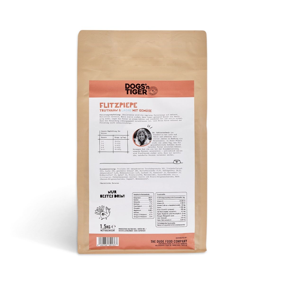 Dogs’n Tiger Junior Premium Katzenfutter, Flitzpiepe, Kitten Trockenfutter, Lachs & Truthahn
