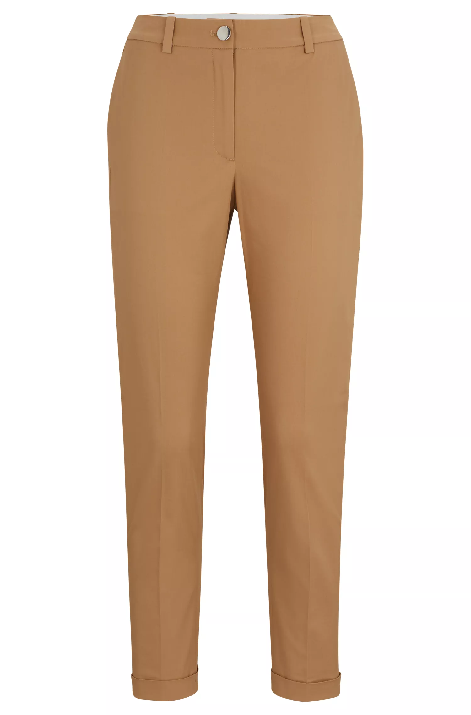 Calça BOSS preta, corte regular, em sarja de algodão elástico.