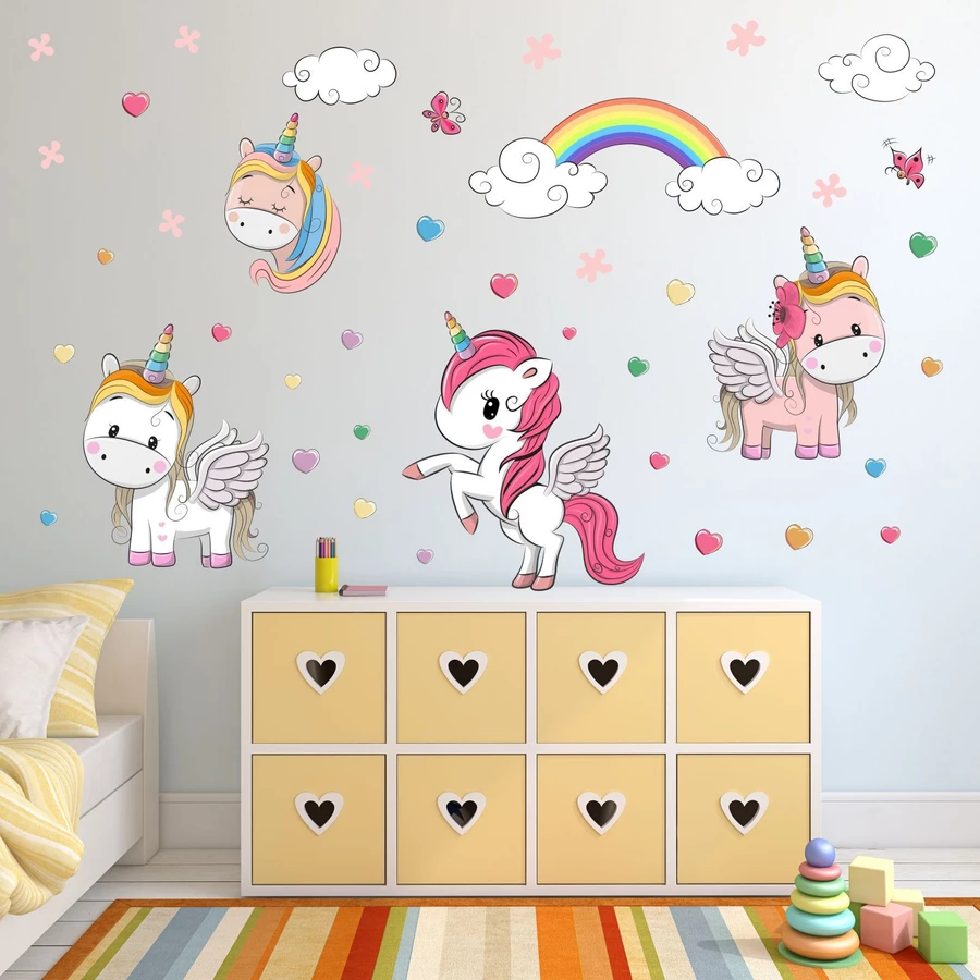 Nikima Wandtattoo 086 Wandtattoo Einhorn Regenbogen Kinderzimmer Sticker Aufkleber bunt