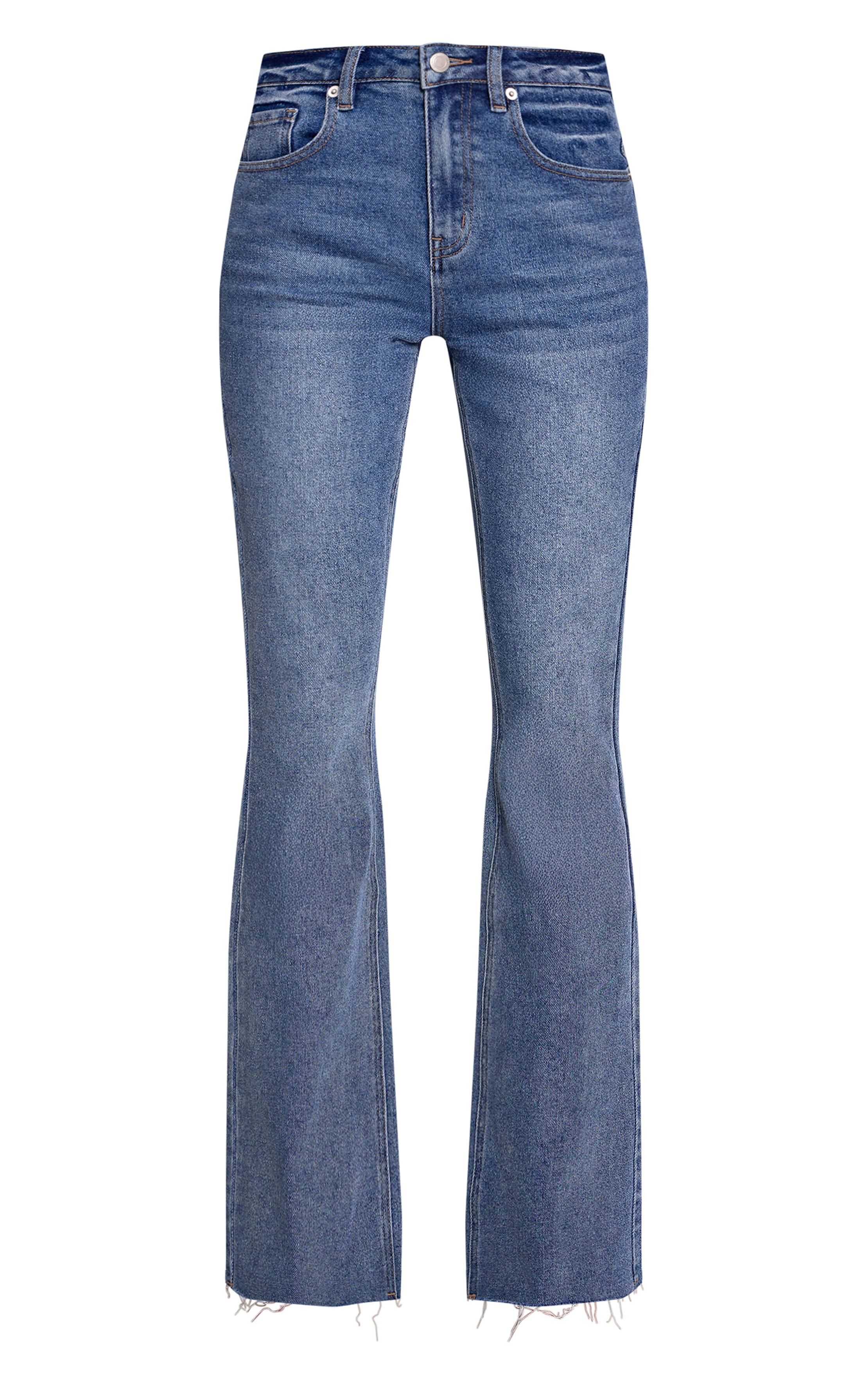 Bleu Foncé Jean Évasé Taille Basse Stretch Coupe Longue