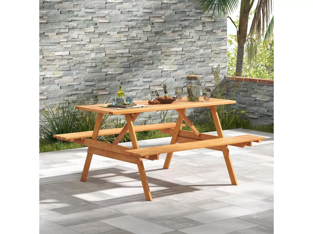 Ensemble Table de Pique-Nique avec 2 Bancs Intégrés, Ensemble de Jardin en Bois Dur pour 6 Personnes Table Charge 70KG, pour Jardin Piscine, 150 x 139 x 75 cm, Naturel