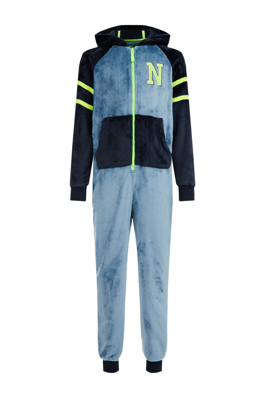 WE Fashion fleece onesie donkerblauw/lichtblauw