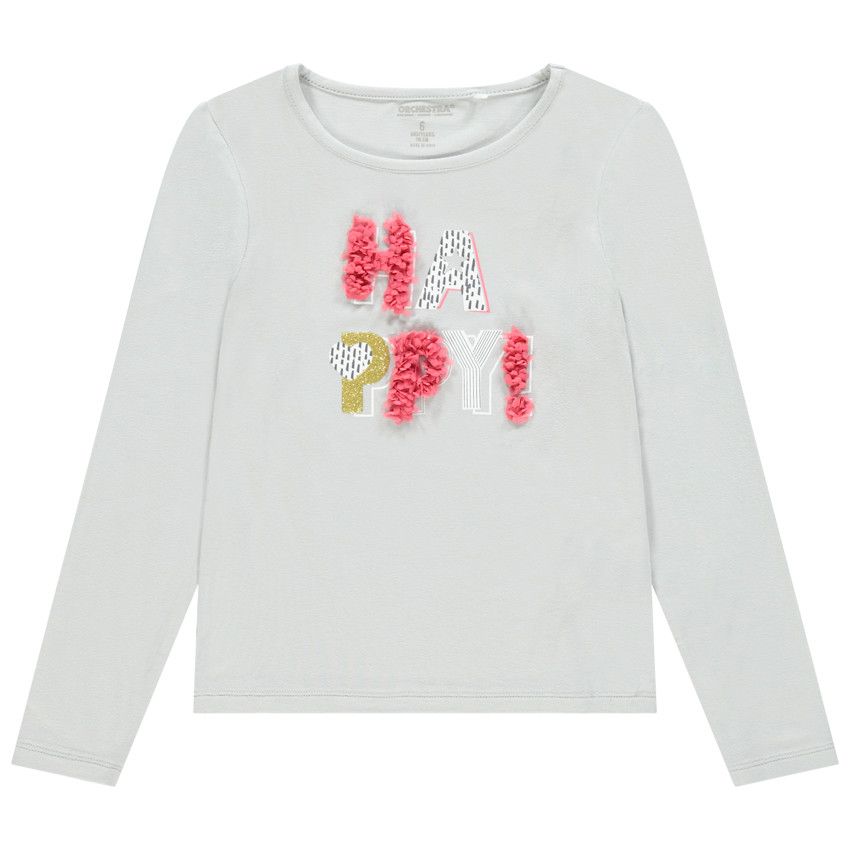 T-shirt manches longues à imprimé et détails en relief - Gris chiné
