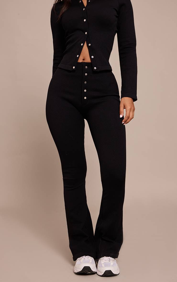 Noir Legging Évasé Côtelé Ajusté À Détails Boutons Petite