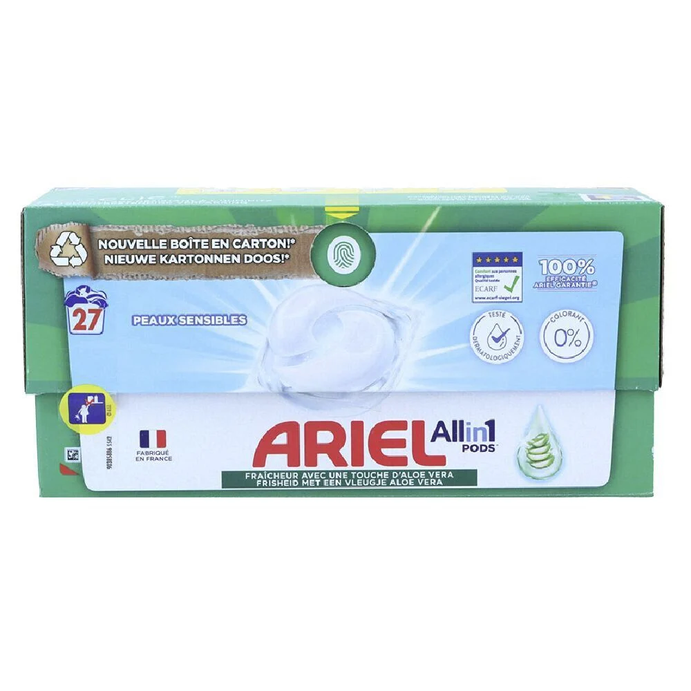 Ariel pods tout-en-1 aloe vera spécial peaux sensibles 27 lavages