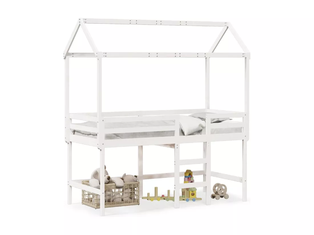 Lit superposé et échelle et toit blanc 80x200cm bois pin massif