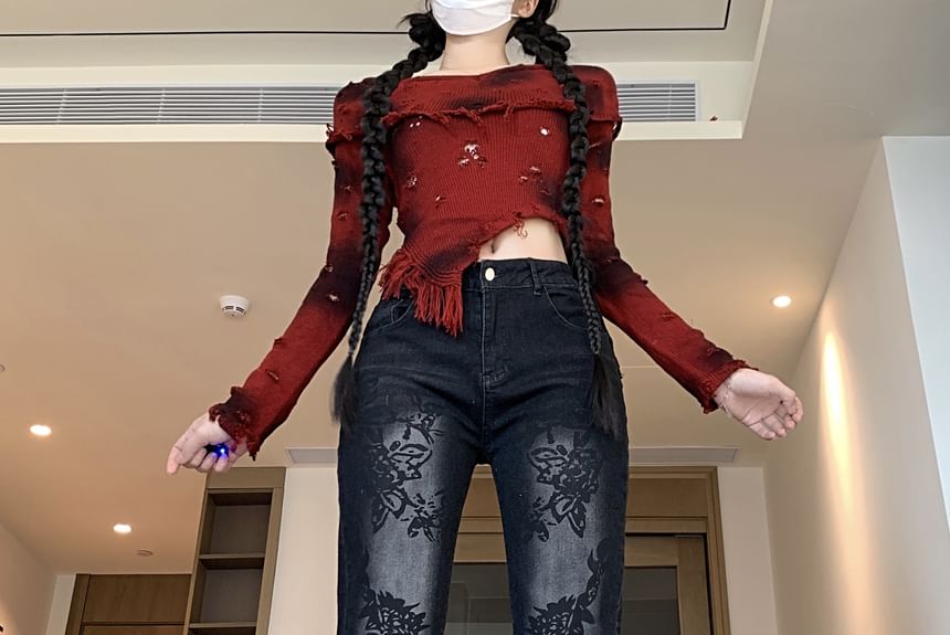 Porstina - Mid Rise Floral Washed Bootcut Jeans