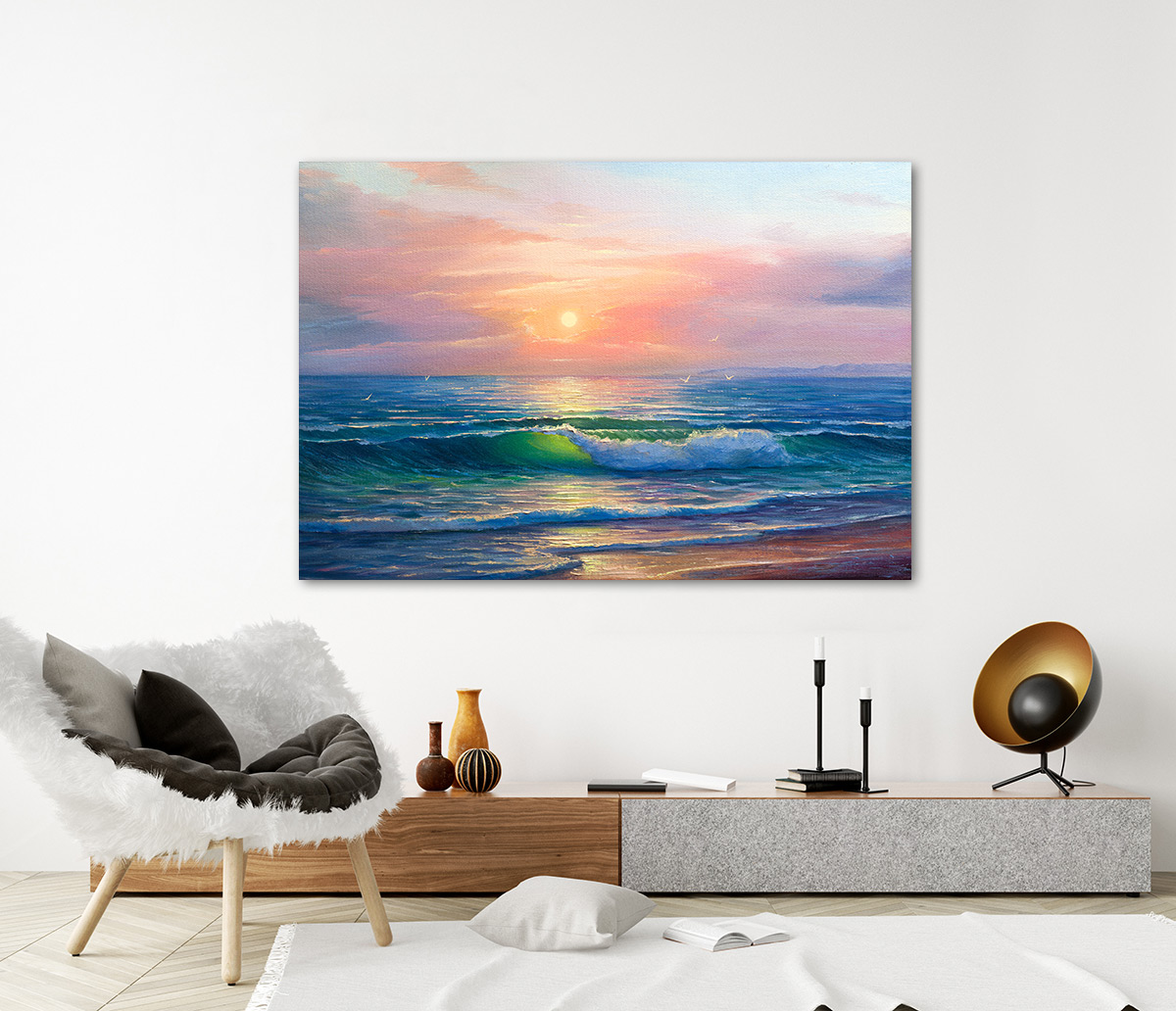 Schilderij Zonsondergang op het strand canvas 120 x 80 cm