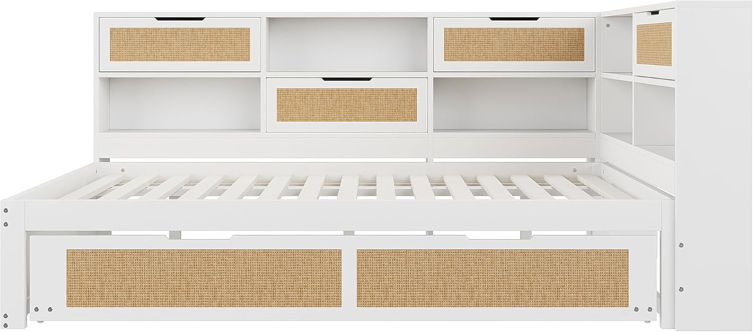 Tagesbett Schlafsofa 140x200, Holz Multifunktionsbett mit Ausziehbett 90x190 cm, USB-Steckdose und vielen Staufächern, Doppelbett Massivholzbett Kinderbett Daybett mit Lattenrost, Ohne Matratze, Weiß