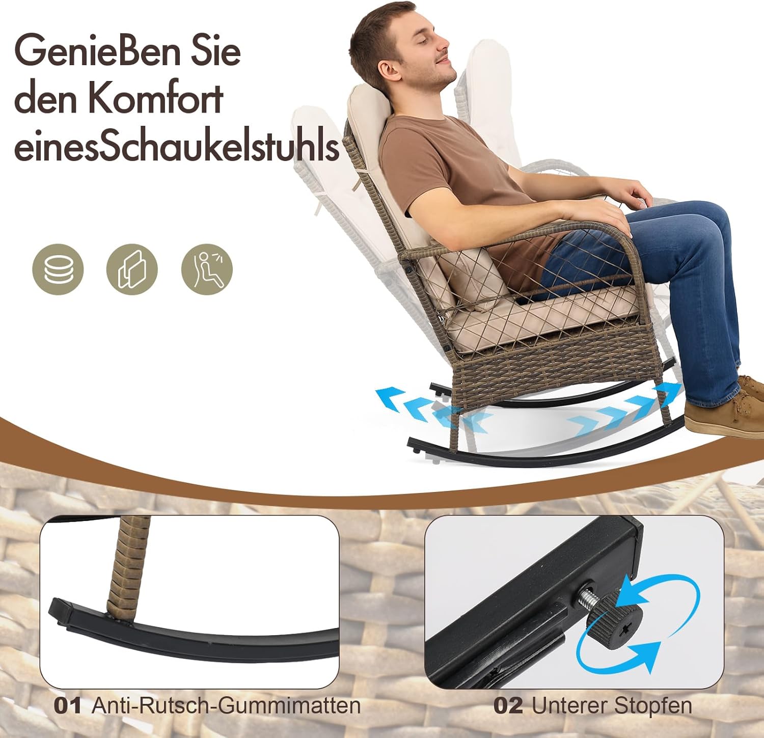 LEADZM Gartenmöbel Set für 2 Personen，Polyrattan Balkonmöbel 3-teiliges Set, Wetterfest, Komfortabel & Lässig, 2 Schaukelstühle & Tisch, für Garten, Balkon, Terrasse,Beige