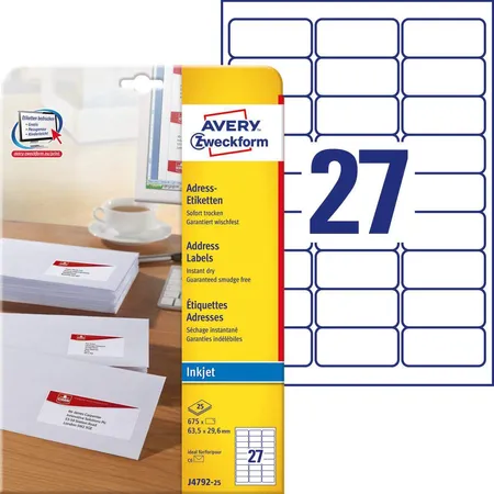 Avery Zweckform J4792-25 Adress-Etiketten,A4 63,5 x 29,6 mm, 25 Bogen/675 Etiketten, weiß