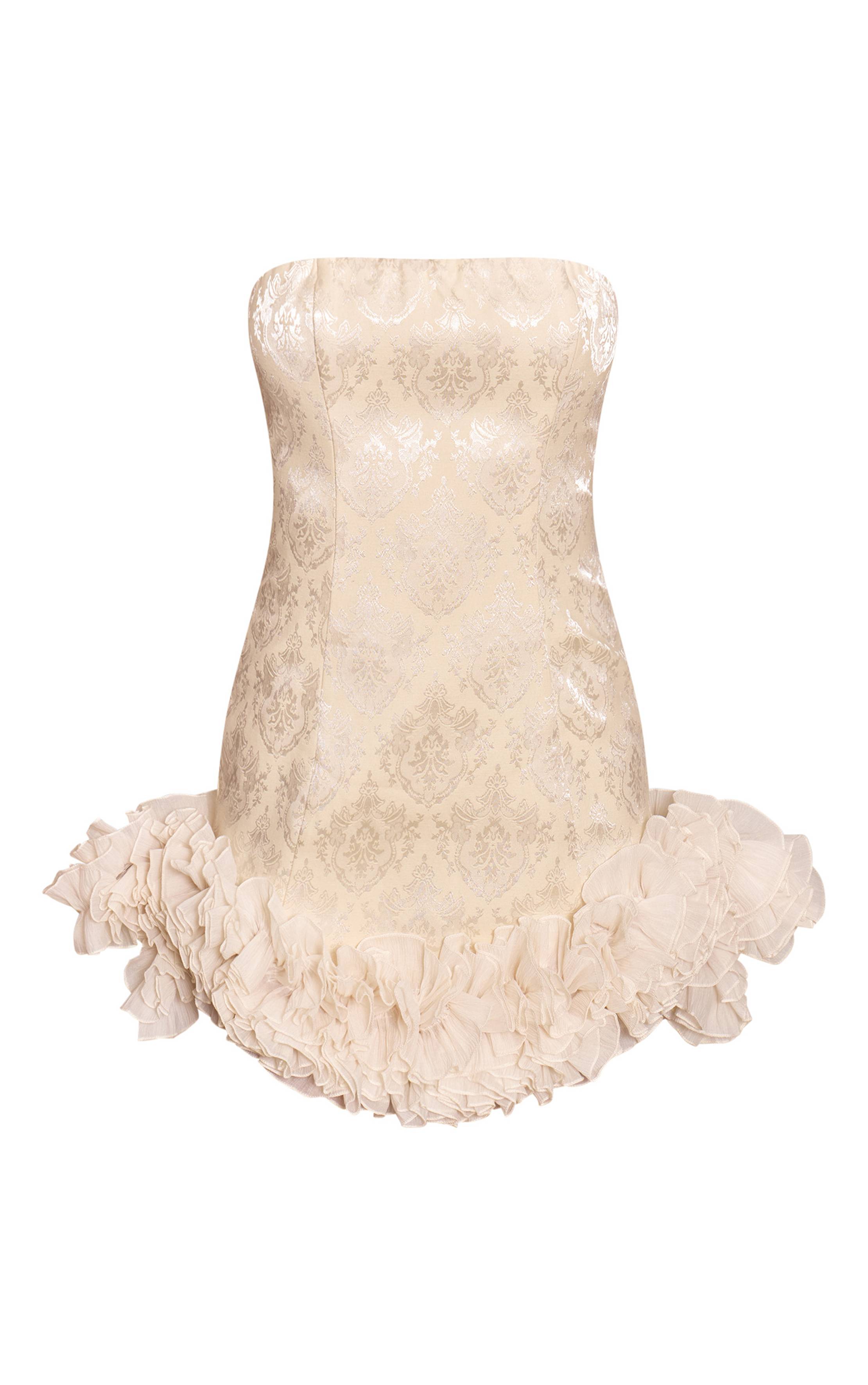 Crème Robe Mini Bustier À Volants Et Jacquard Brodé