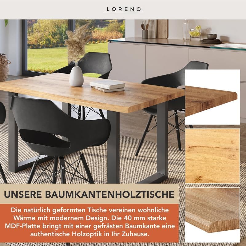 Loreno Esstisch - 200 cm x 100 cm – 4 cm MDF Tischplatte, Wildeiche-Optik – U-Gestell – Schwarz - Perfekt für Esszimmer und Küche